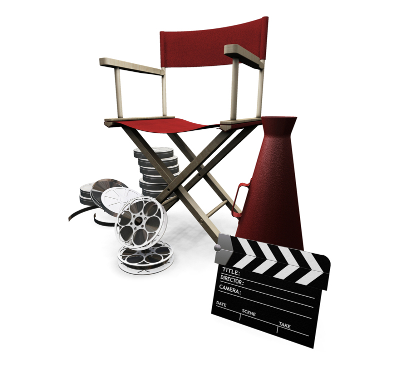 Clipart Illustration of a Red Director's Chair, Cone, Film Reels And Clapperboard, On White