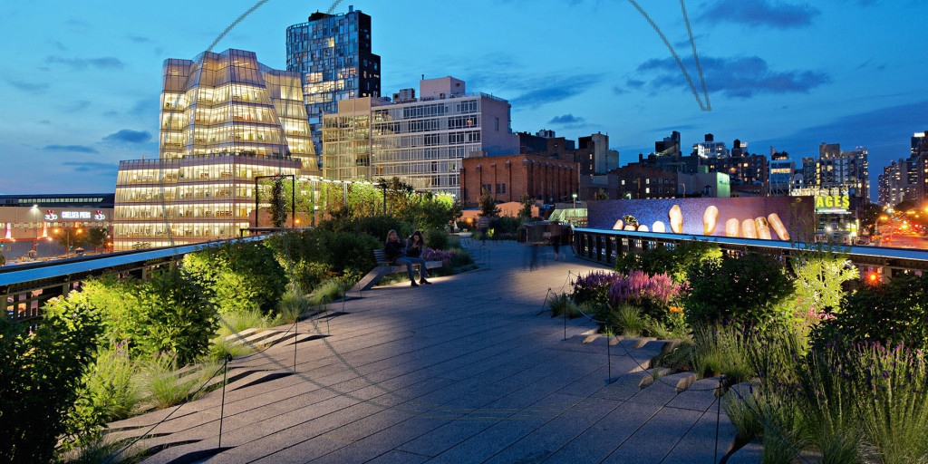 architecture photography: Highline elevated park at the blue hour, chelsea neighborhood, manhattan, New York City, NYC