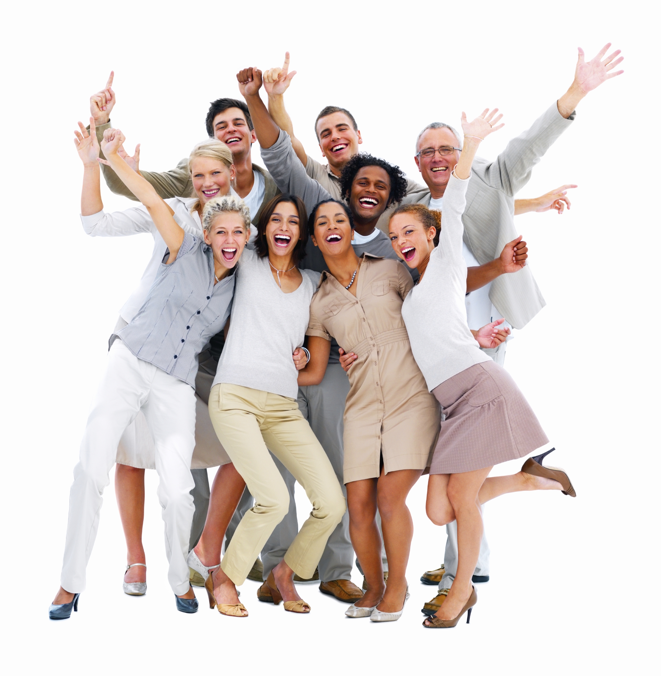 Happy business people laughing against white background