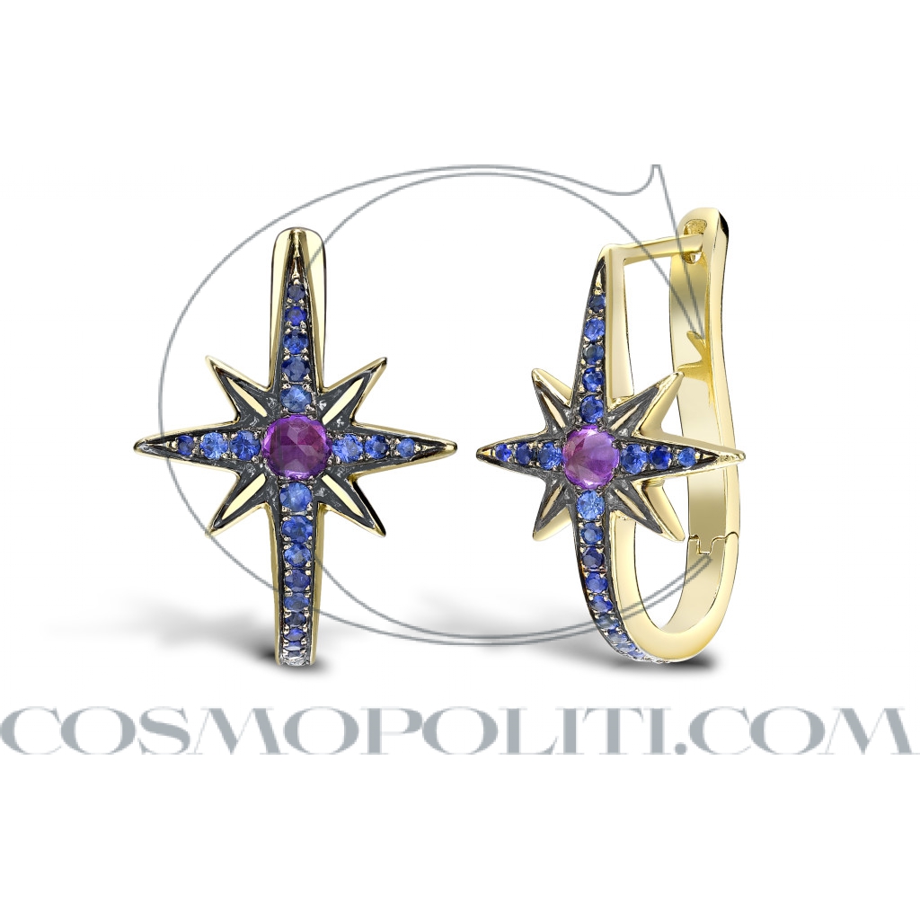 Venyx Star Earring Yellow Gold Sapphires and Amethyst