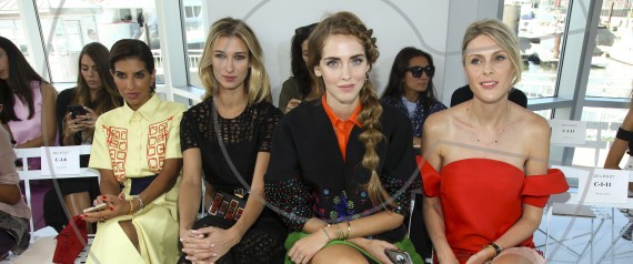 Deena Abdulaziz, from left, Lauren Remington Platt, Chiara Ferragni and Sofie Valkiers attend the New York Fashion Week Spring/Summer 2016 Delpozo fashion show on Wednesday, Sept. 16, 2015, in New York. (Photo by Andy Kropa/Invision/AP)