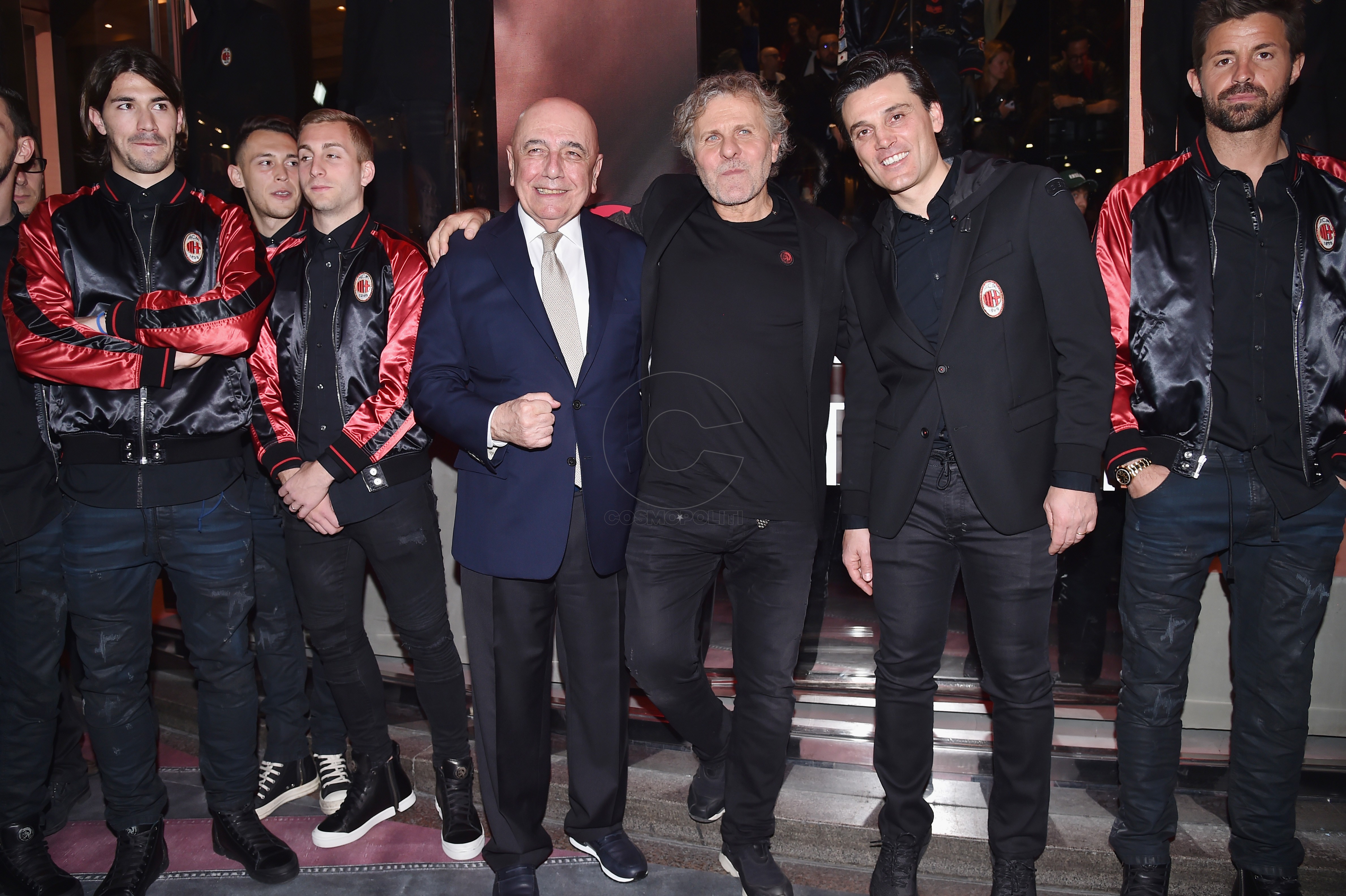 MILAN, ITALY - MARCH 14: (L-R) Alessio Romagnoli, Gerard Deulofeu, Adriano Galliani, Renzo Rosso, Vincenzo Montella and Marco Storari attend The New Bomber Presentation at the Diesel Store on March 14, 2017 in Milan, Italy. (Photo by Jacopo Raule/Getty Images for Diesel)