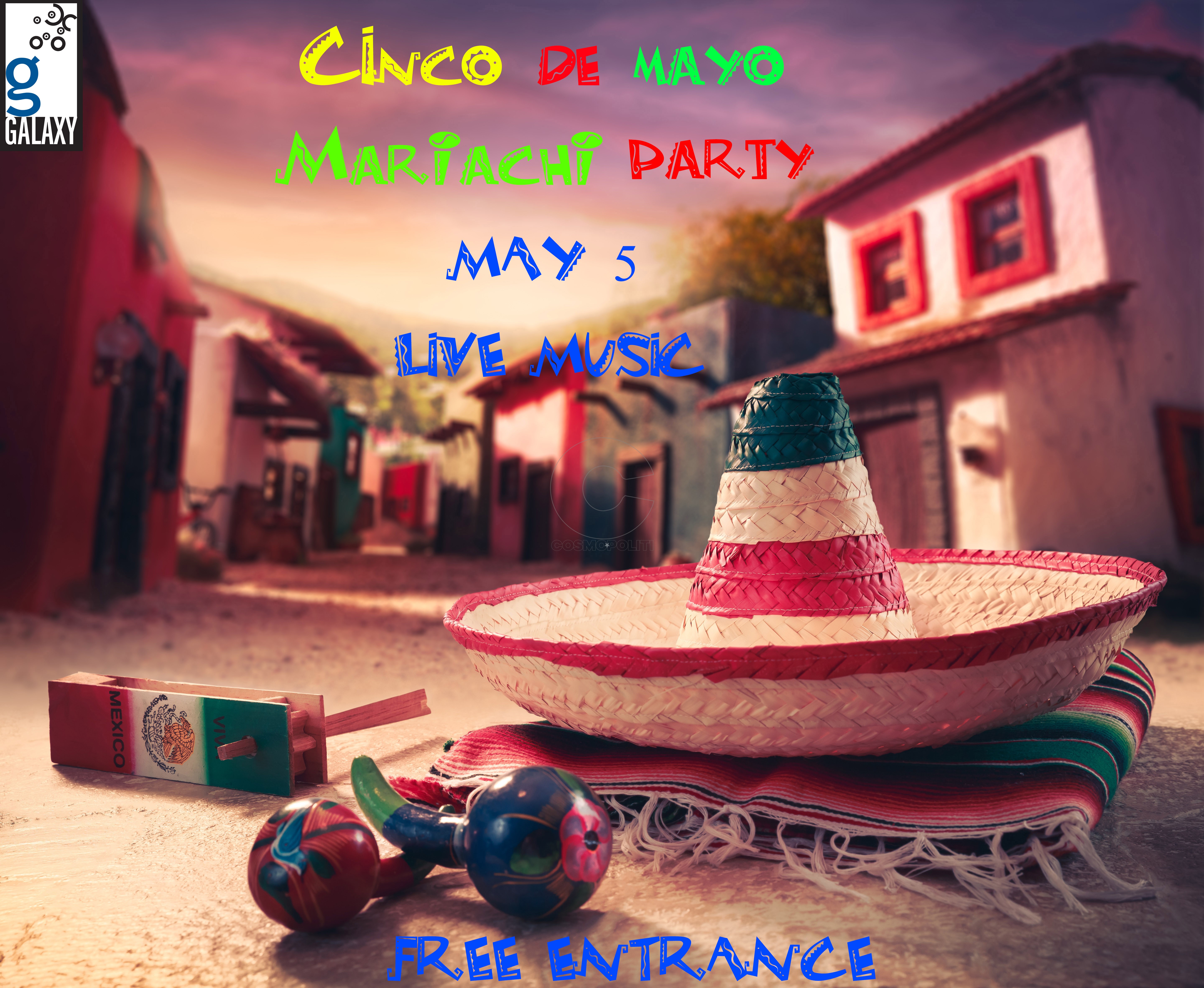 Mexican fiesta background with a hat "sombrero" and "maracas" in a mexican town