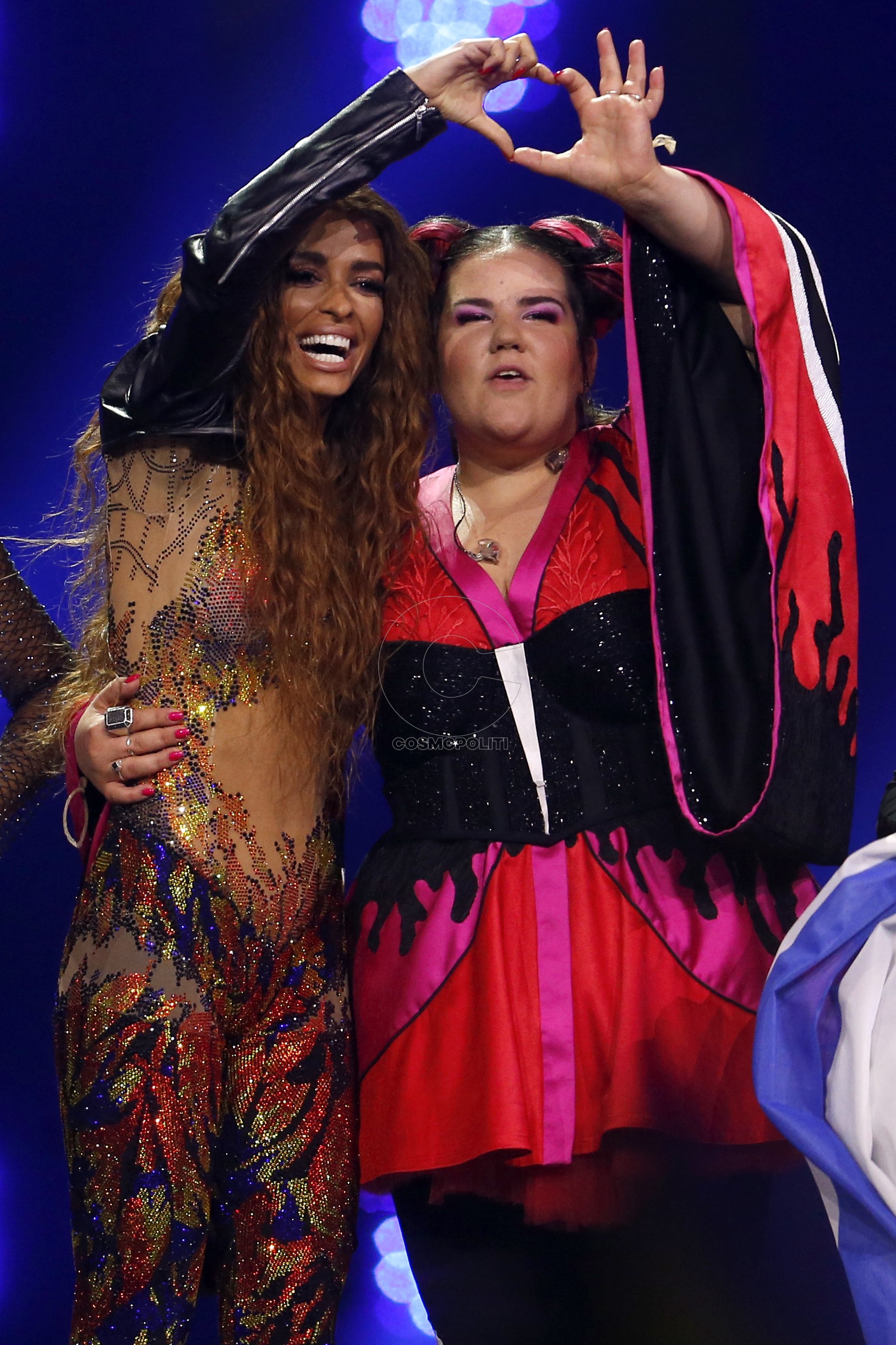 Cyprus’s Eleni Foureira and Israel’s Netta react after the Semi-Final 1 for Eurovision Song Contest 2018 at the Altice Arena hall in Lisbon, Portugal, May 8, 2018. REUTERS/Pedro Nunes