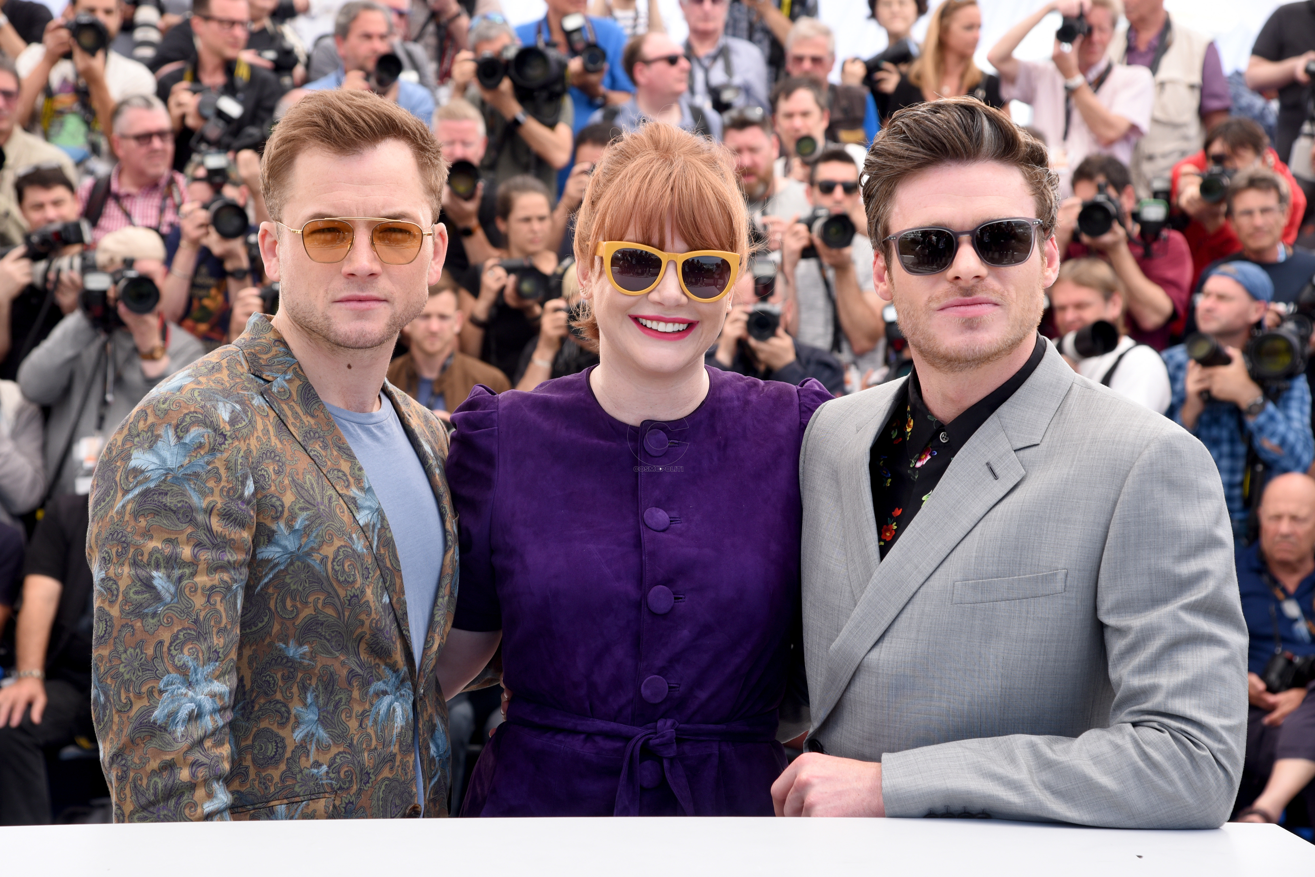 CANNES, FRANCE  - MAY 16: (L-R) Taron Egerton, Bryce Dallas Howard, and Richard Madden attend the "Rocketman" Photocall during the 72nd annual Cannes Film Festival on May 16, 2019 in Cannes, France. (Photo by Serge Arnal/Paramount)